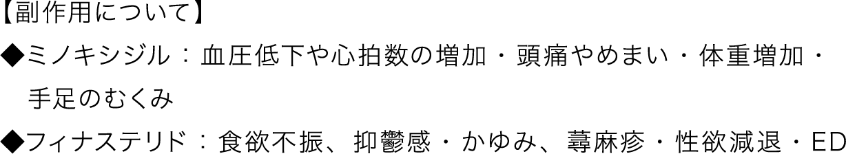 【症例写真に関する情報の提供について】フィナステリドとミノキシジルやサプリ、外用薬をご利用頂く治療方法での結果となります。【副作用について】◆ミノキシジル：血圧低下や心拍数の増加・頭痛やめまい・体重増加・手足のむくみ◆フィナステリド：食欲不振、抑鬱感・かゆみ、蕁麻疹・性欲減退・ED【費用と期間について】期間は症例ごとに記載しておりますが、効果を実感頂くのには平均して4〜10ヶ月程度の期間がかかります。費用に関しては、期間やプランによって異なりますが、平均月10,000円〜15,000円程度の方が多いです。